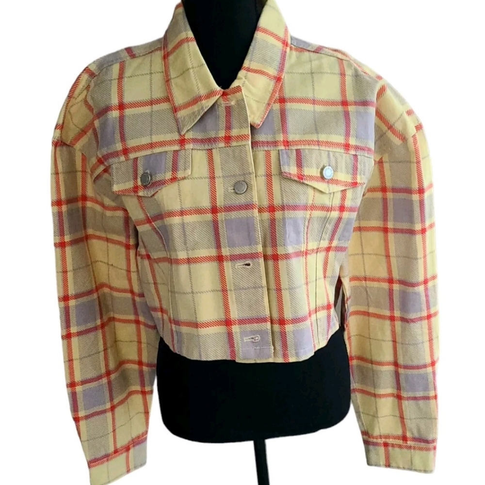 We Wore What Yellow Plaid Cropped Denim Jacket M/L